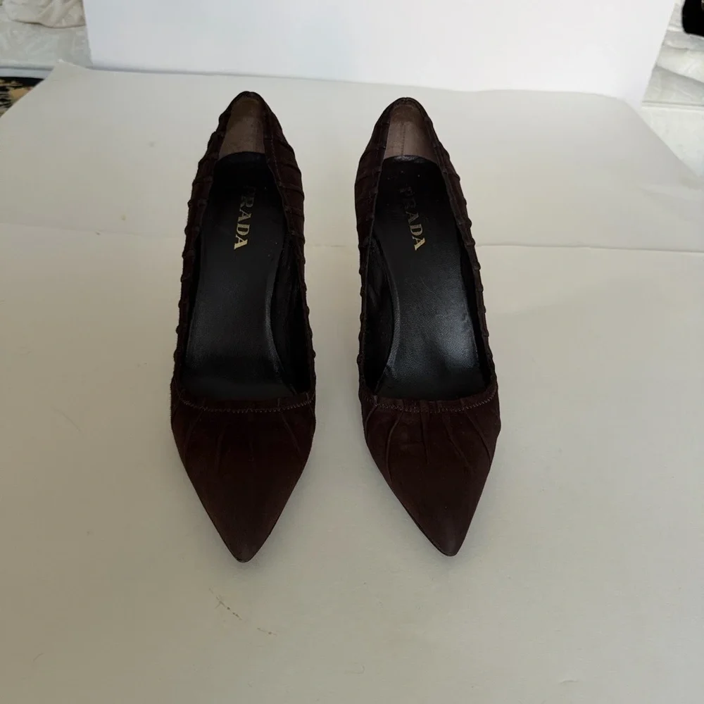 Prada Camoscio Plisse Women's Dark Brown Suede Heels - Picture 10 of 15